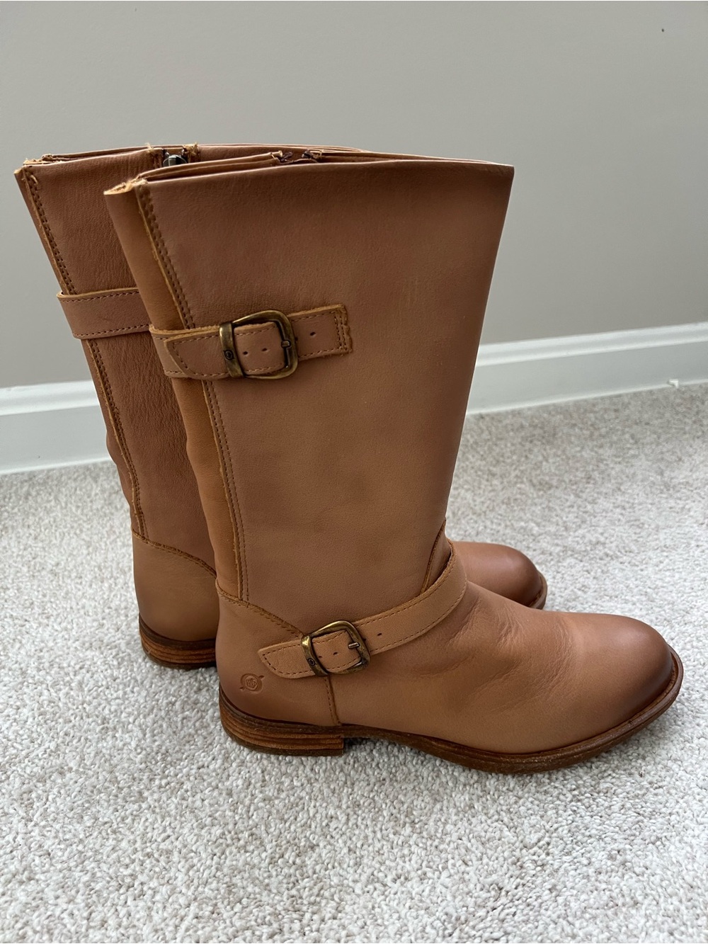 Born Cognac Leather Mid-Calf Buckle Boots